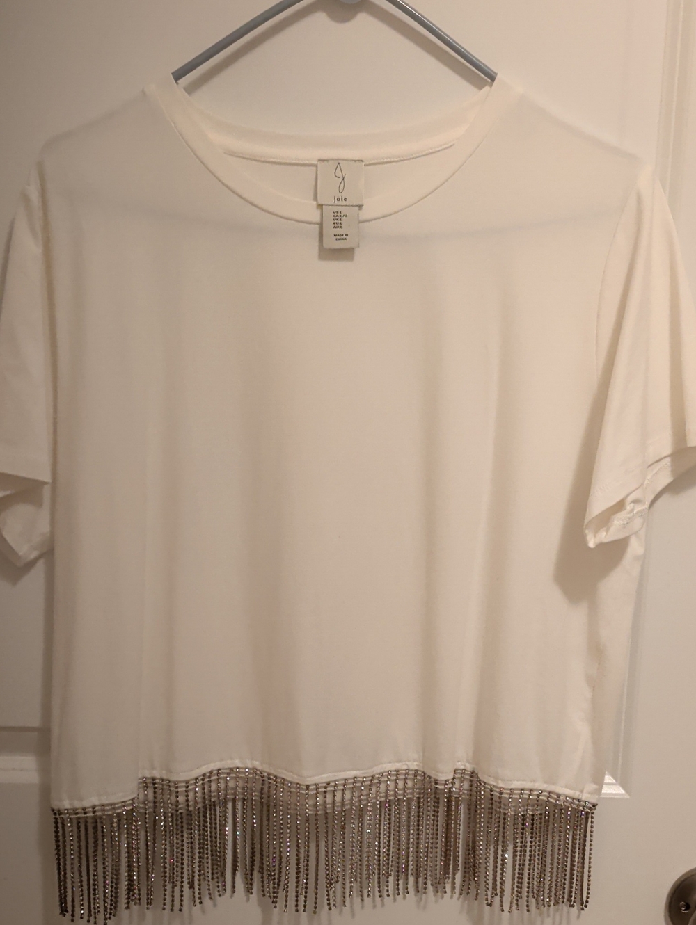 Joie Cream Short Sleeve Top with Beaded Fringe Hem